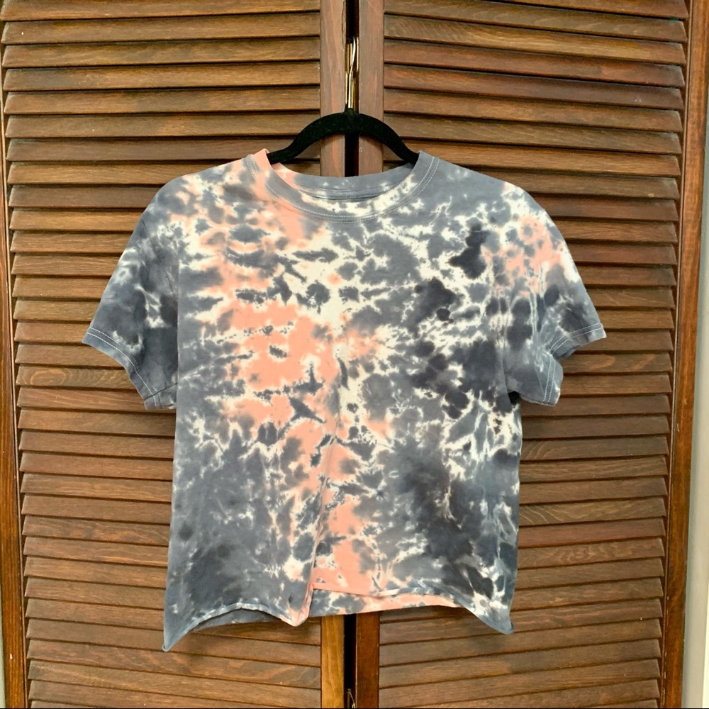 Tie Dye Raw Hem Blue Gray Peach Tshirt Tee